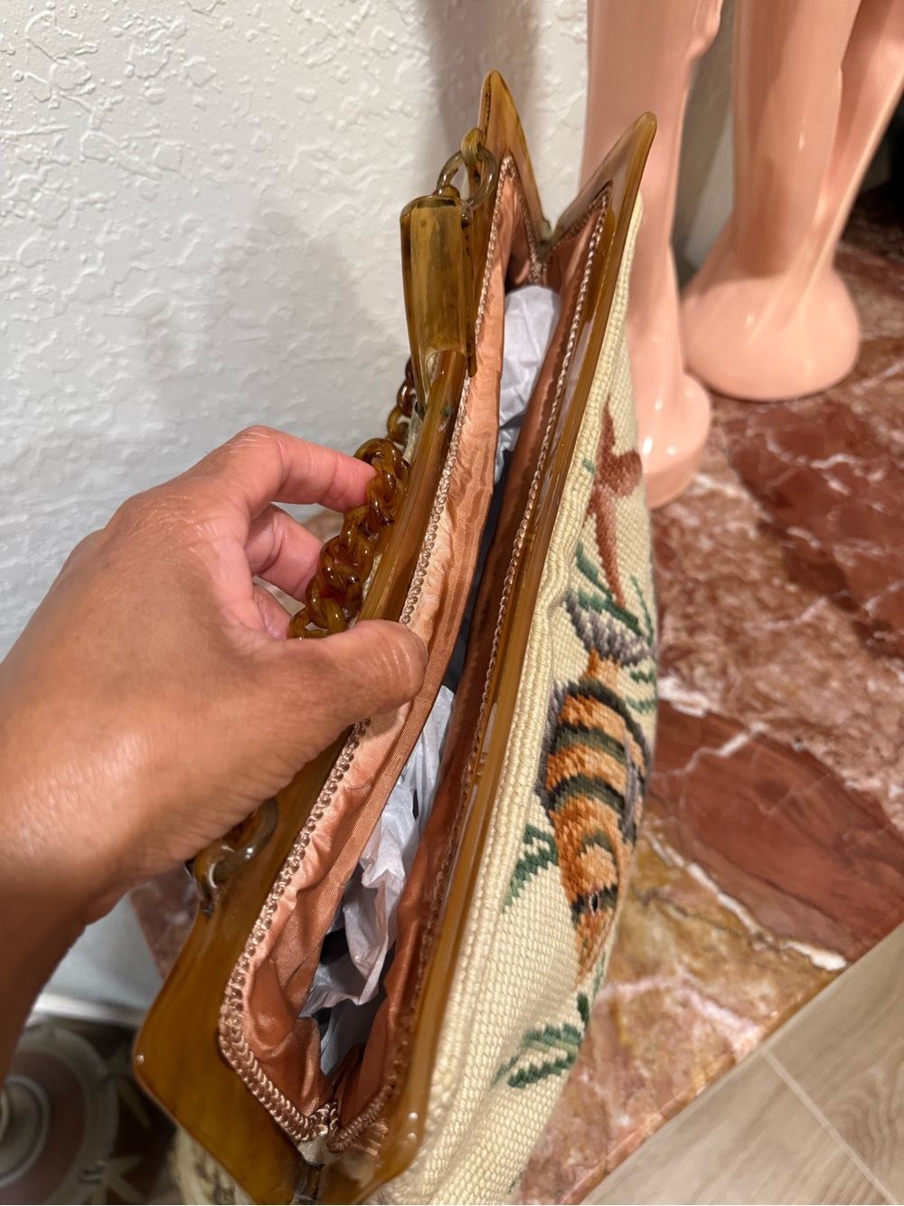 Vintage Embroidered Fish Motif Shoulder Bag Handle Bag - Beige - Picture 4 of 16